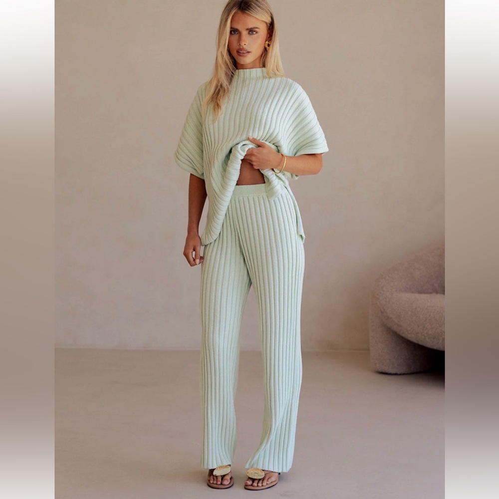 SABO Ribbed Knit Wide-Leg Pants in Mint